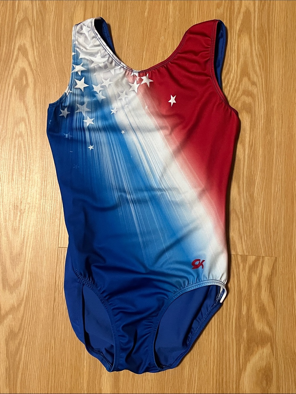 GK Women’s Gymnastics Leotard, red/white/blue, size AM adult medium